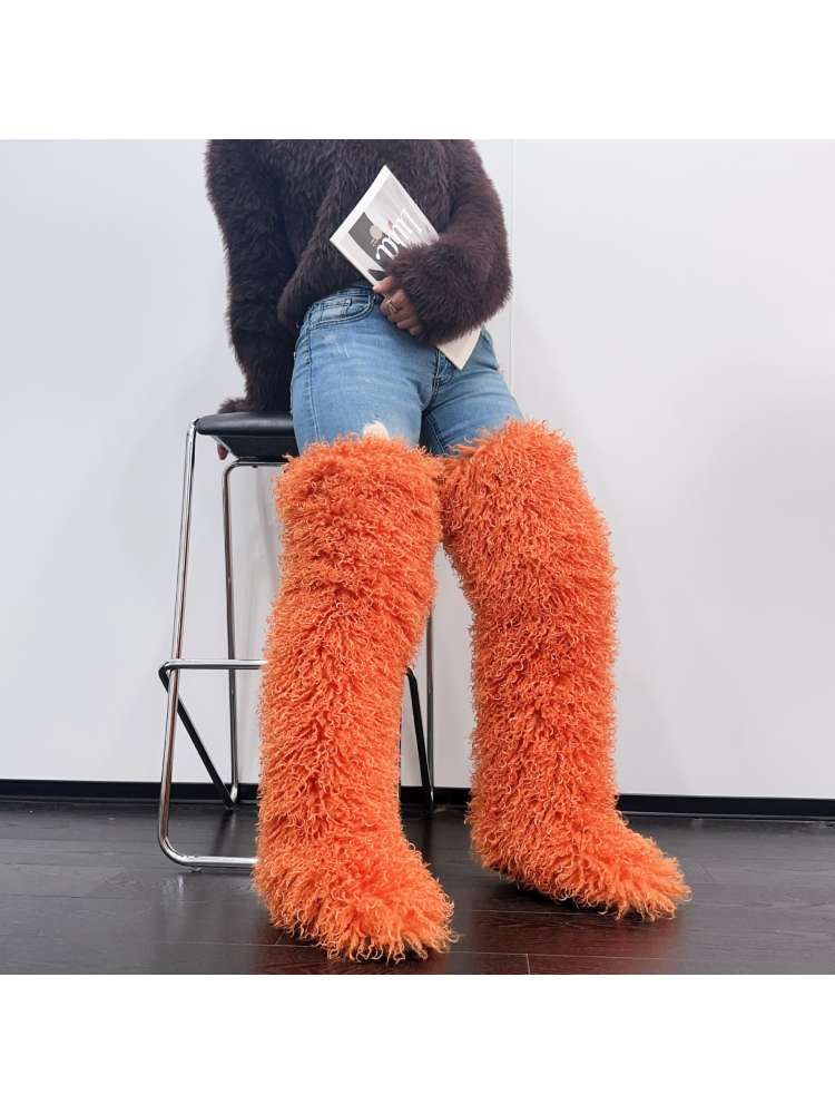Fluffy Plain Color Fur Over-the-Knee Boots
