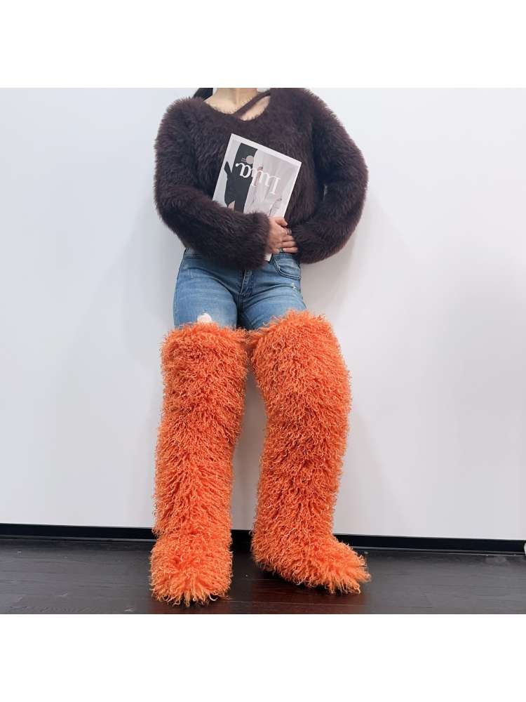 Fluffy Plain Color Fur Over-the-Knee Boots