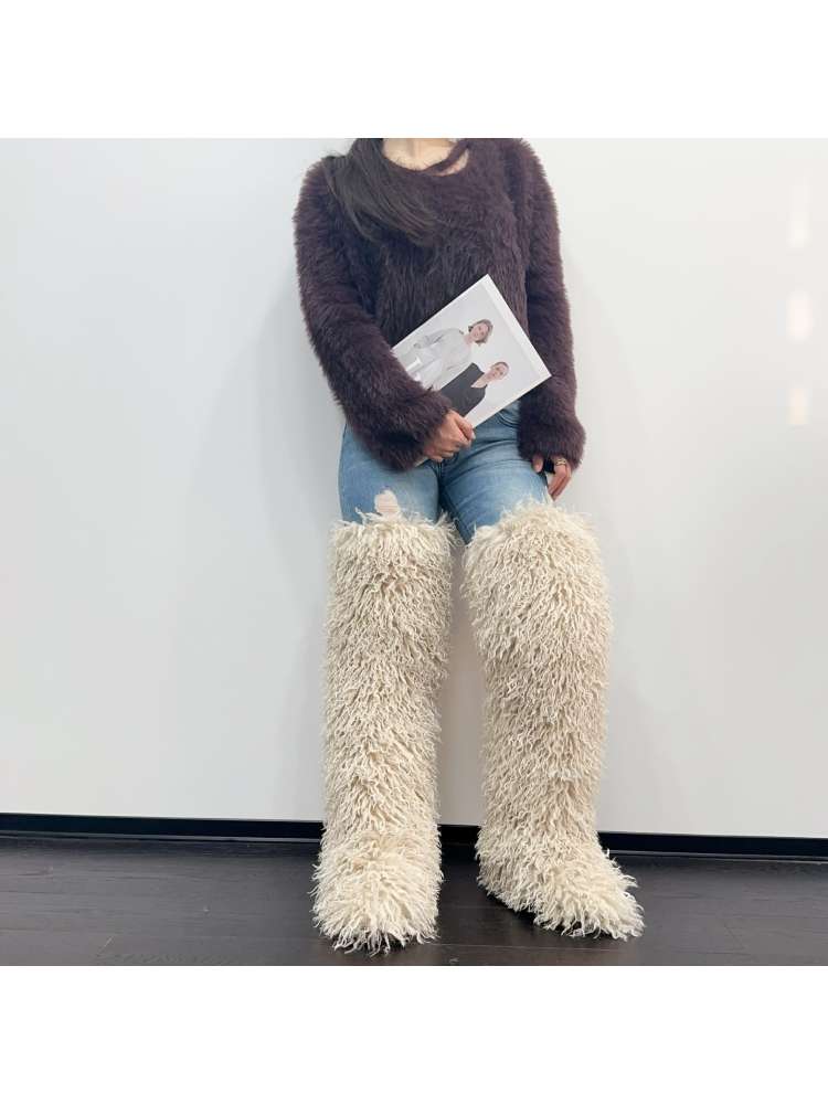 Fluffy Plain Color Fur Over-the-Knee Boots