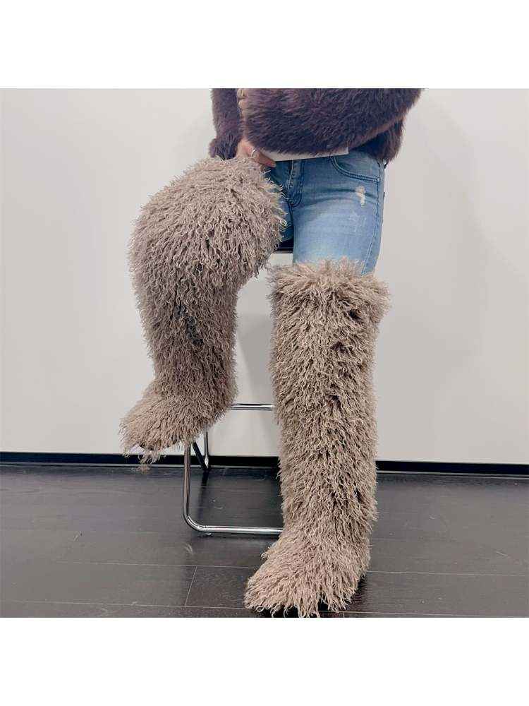 Fluffy Plain Color Fur Over-the-Knee Boots