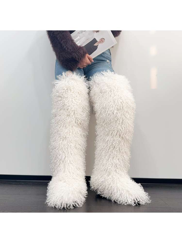 Fluffy Plain Color Fur Over-the-Knee Boots