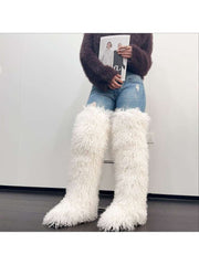 Fluffy Plain Color Fur Over-the-Knee Boots