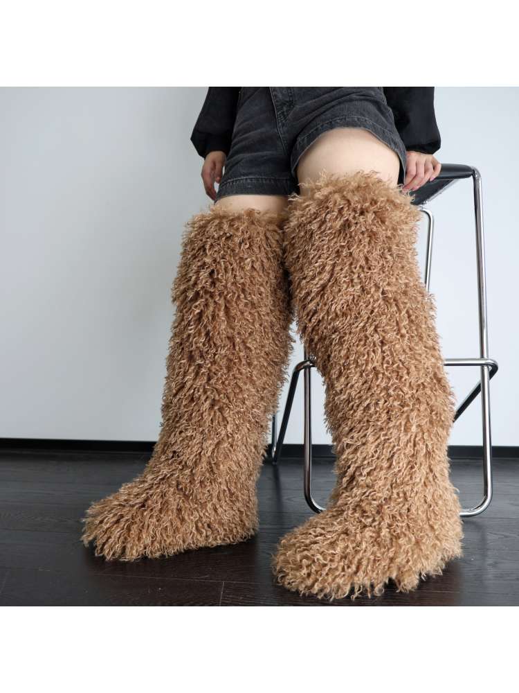 Fluffy Plain Color Fur Over-the-Knee Boots