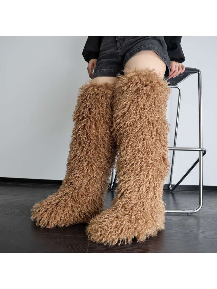 Fluffy Plain Color Fur Over-the-Knee Boots