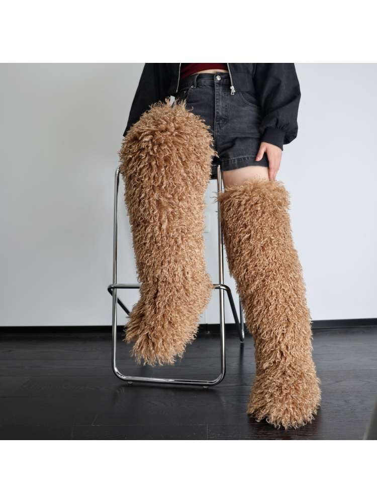 Fluffy Plain Color Fur Over-the-Knee Boots