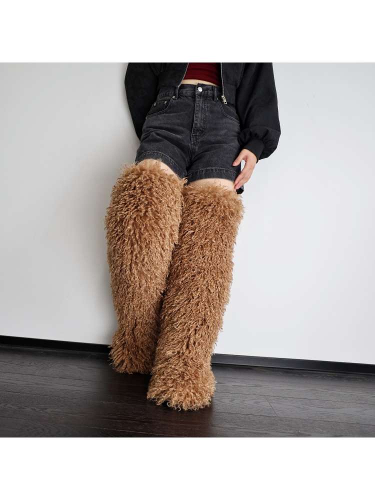 Fluffy Plain Color Fur Over-the-Knee Boots