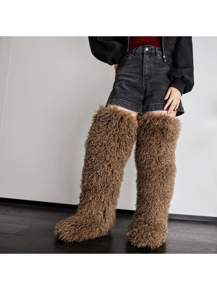 Fluffy Plain Color Fur Over-the-Knee Boots