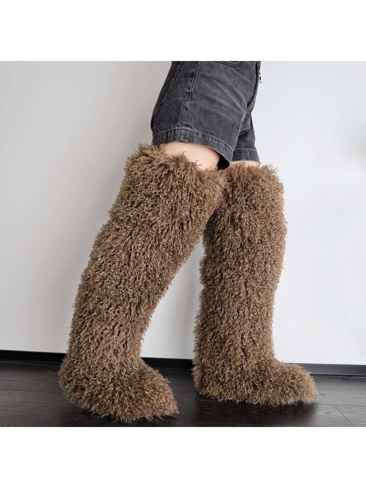 Fluffy Plain Color Fur Over-the-Knee Boots
