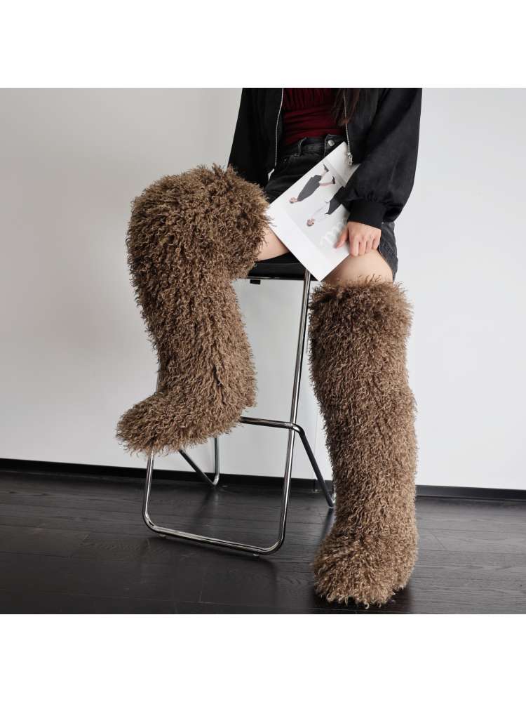 Fluffy Plain Color Fur Over-the-Knee Boots