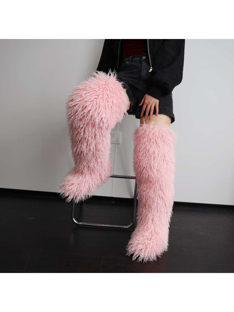 Fluffy Plain Color Fur Over-the-Knee Boots