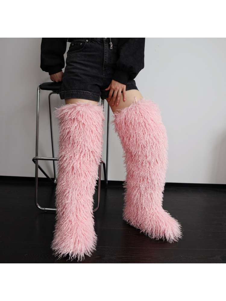 Fluffy Plain Color Fur Over-the-Knee Boots