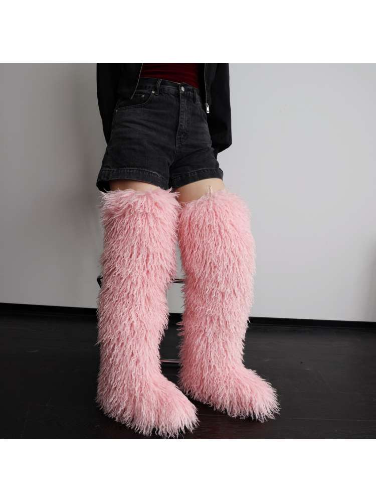 Fluffy Plain Color Fur Over-the-Knee Boots