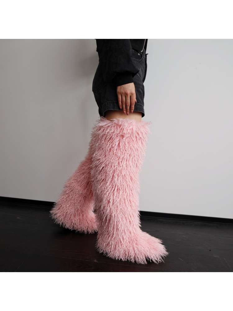 Fluffy Plain Color Fur Over-the-Knee Boots