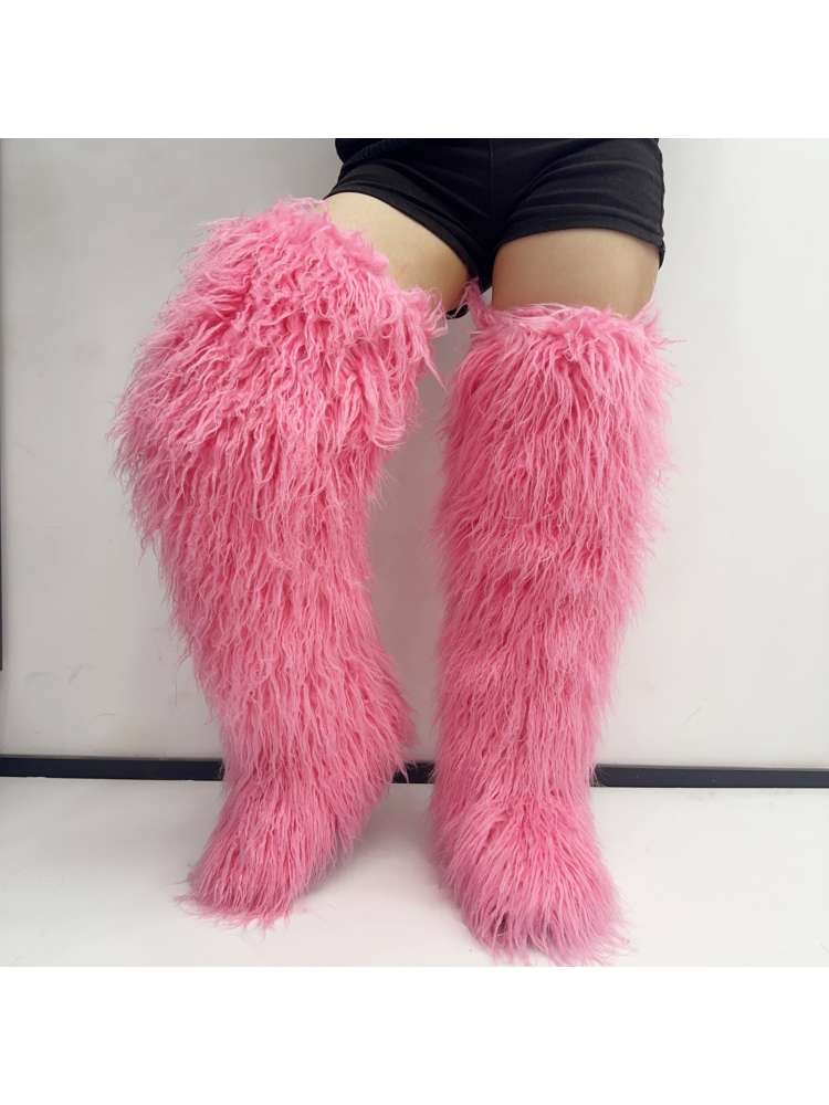 Fluffy Plain Color Fur Over-the-Knee Boots