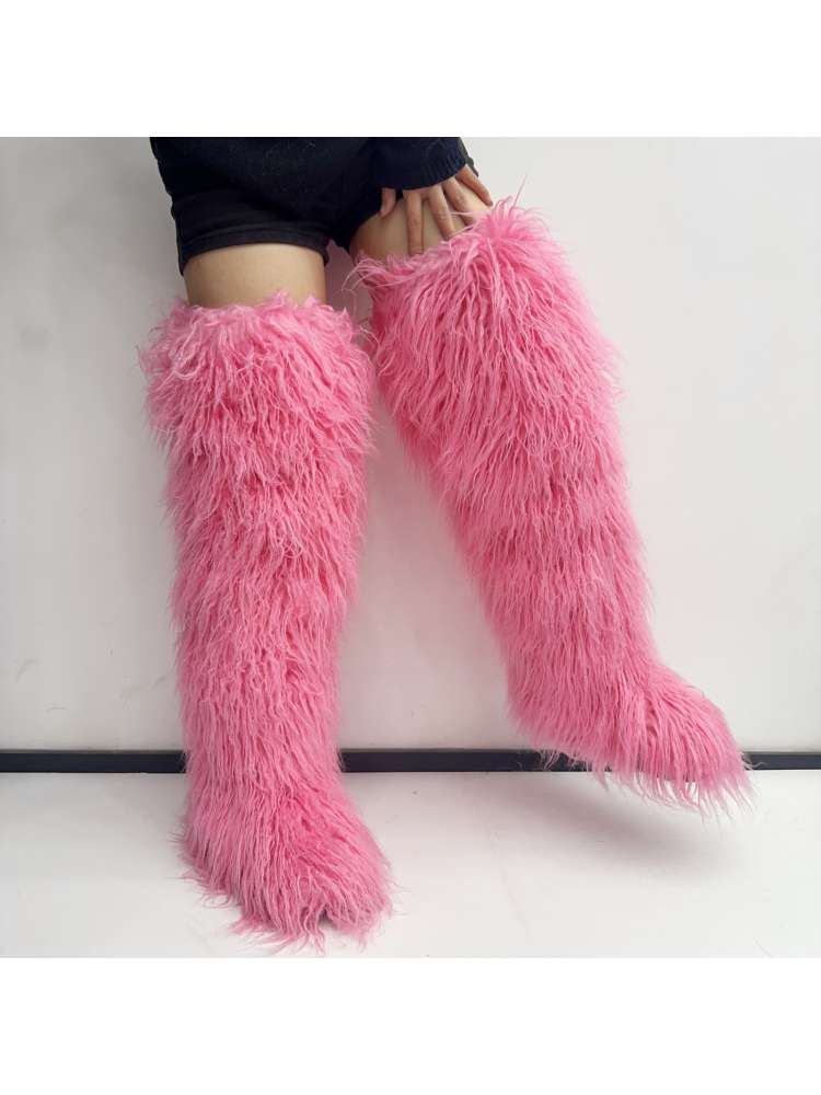 Fluffy Plain Color Fur Over-the-Knee Boots