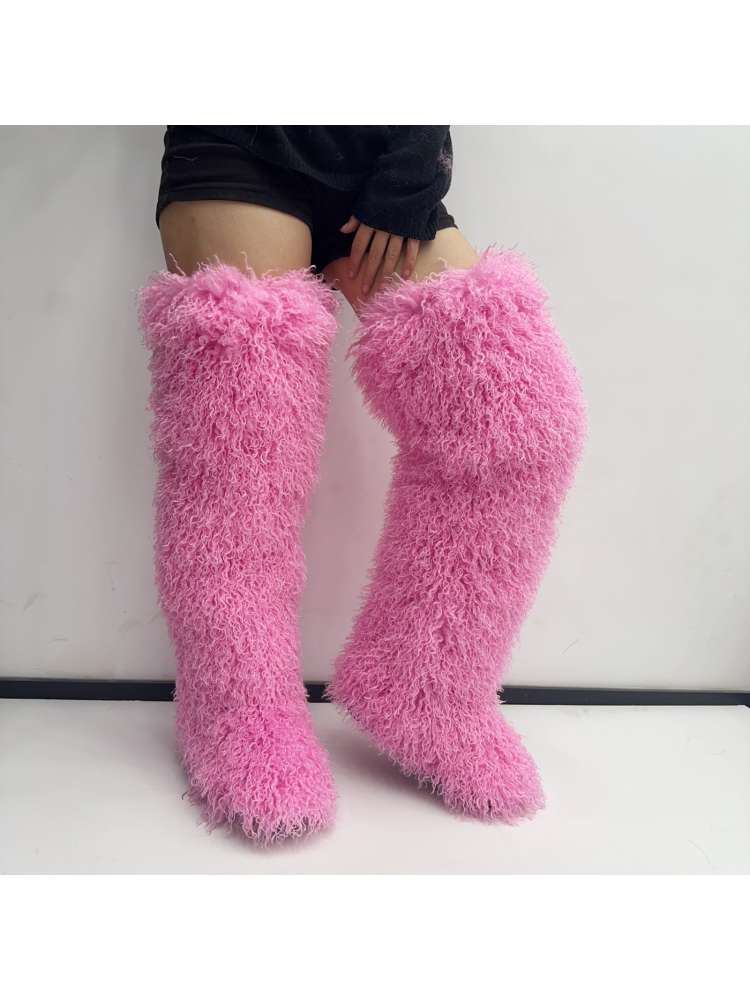 Fluffy Plain Color Fur Over-the-Knee Boots