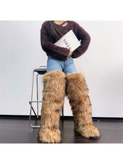 Colorblock Flat Heel Over-the-Knee Fur Boots