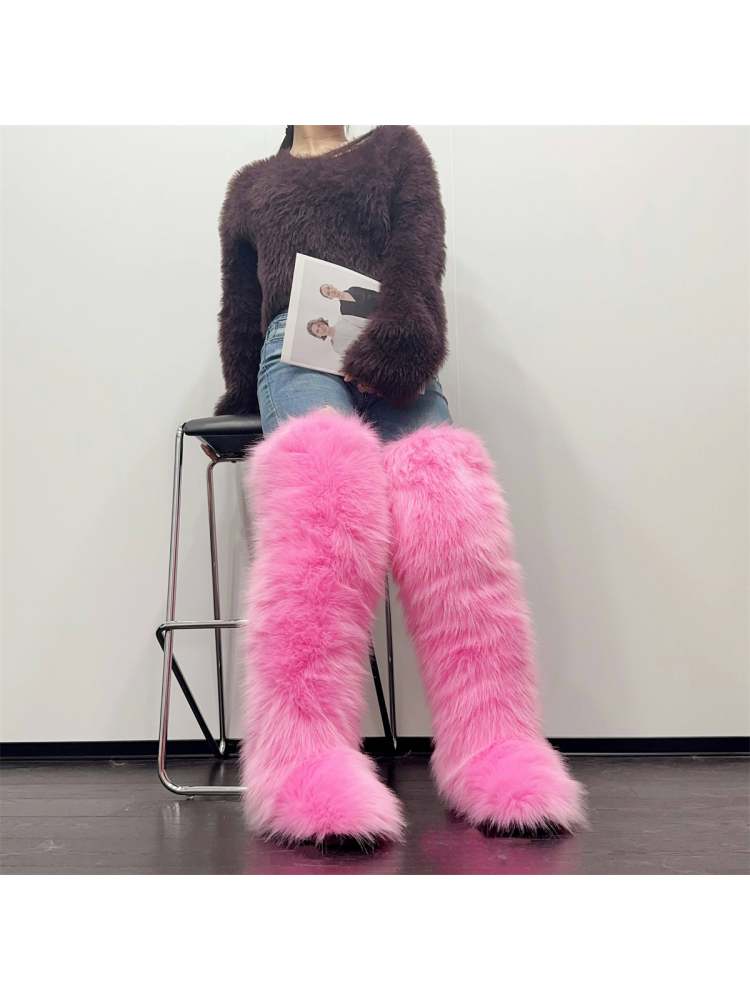 Colorblock Flat Heel Over-the-Knee Fur Boots