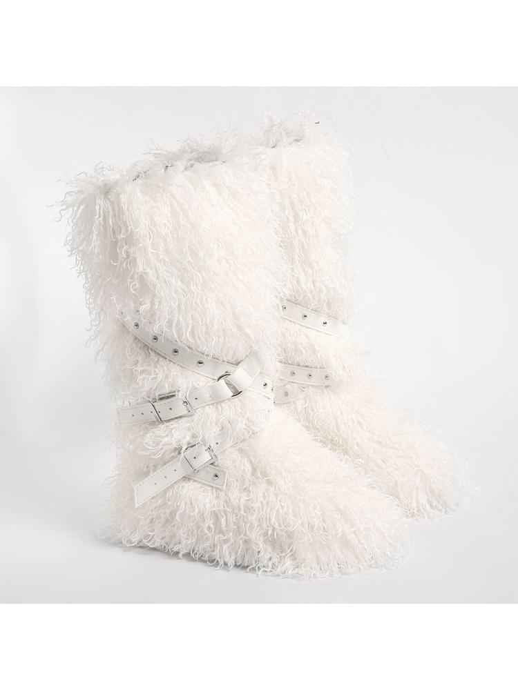 Fluffy Rivet Belt Buckle Fur Snow Boots