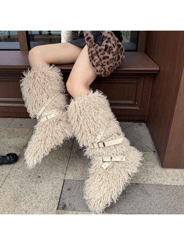 Fluffy Rivet Belt Buckle Fur Snow Boots
