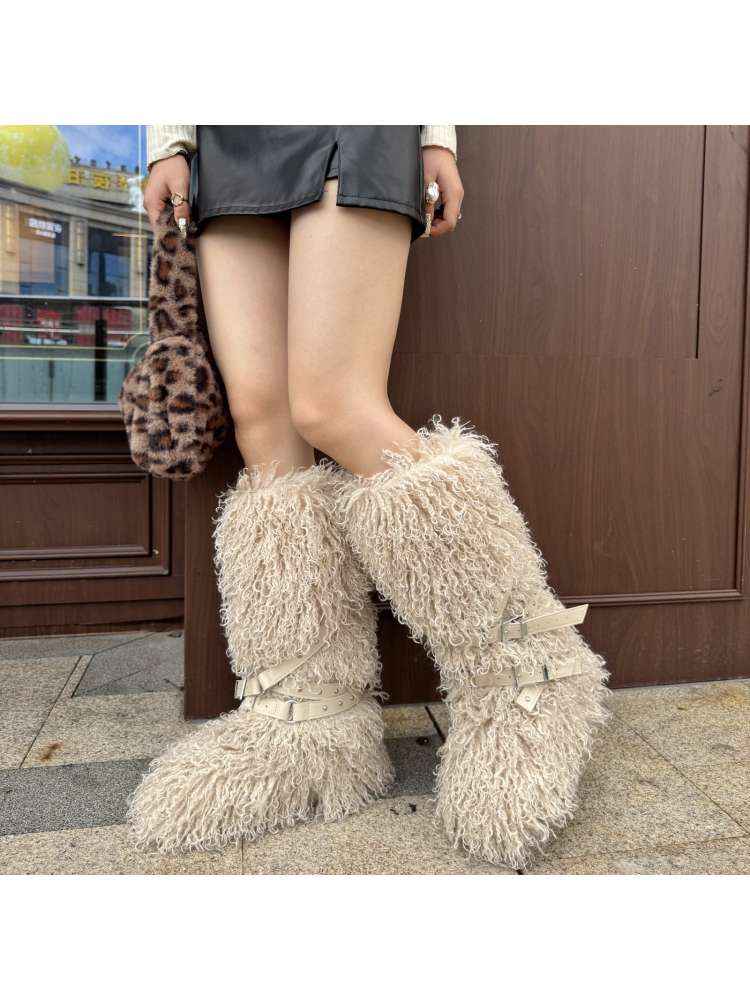 Fluffy Rivet Belt Buckle Fur Snow Boots