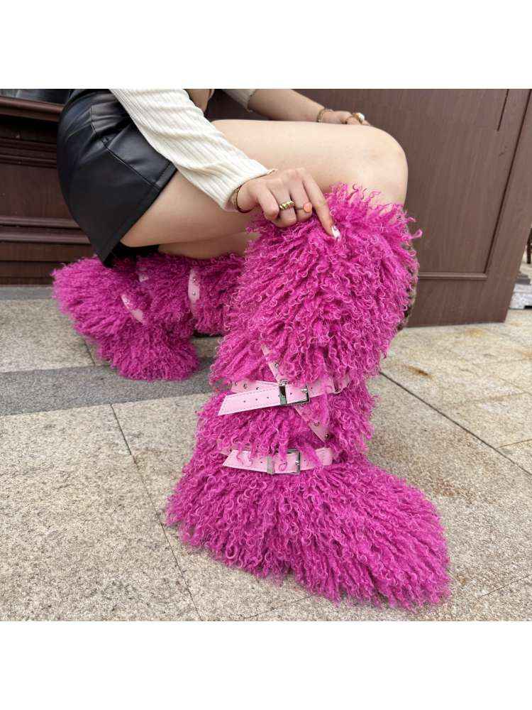 Fluffy Rivet Belt Buckle Fur Snow Boots