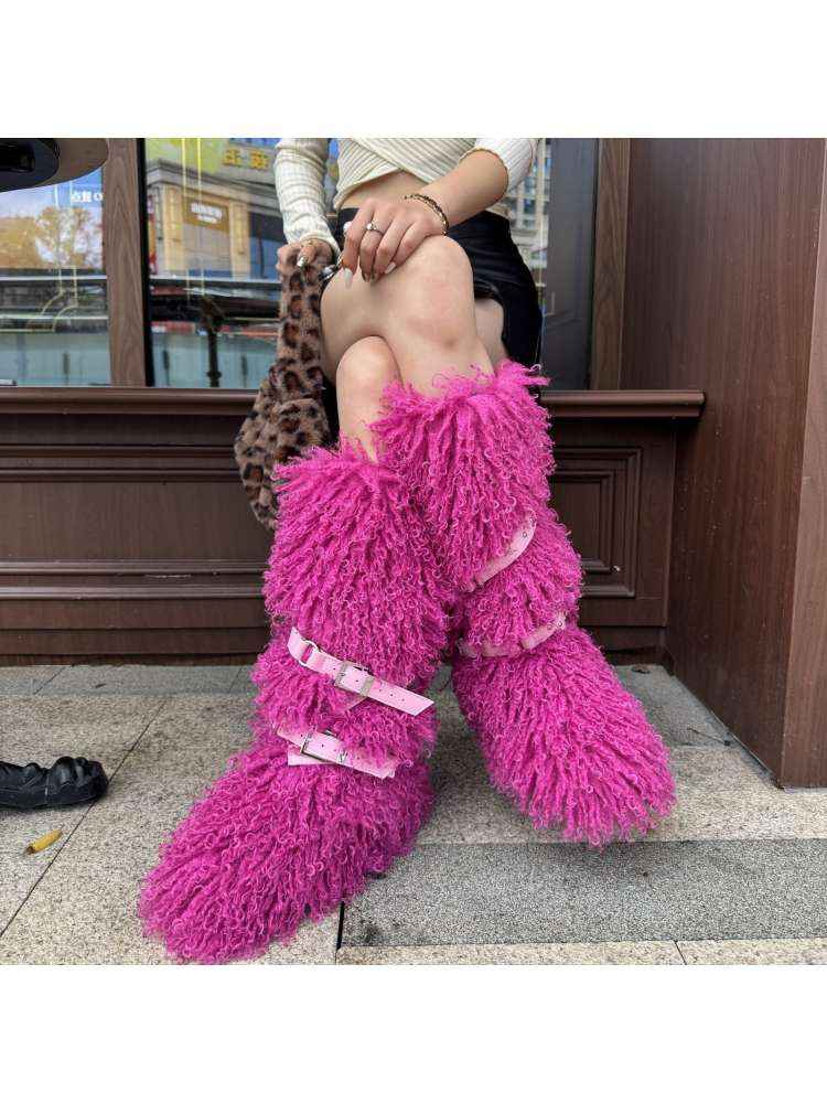 Fluffy Rivet Belt Buckle Fur Snow Boots