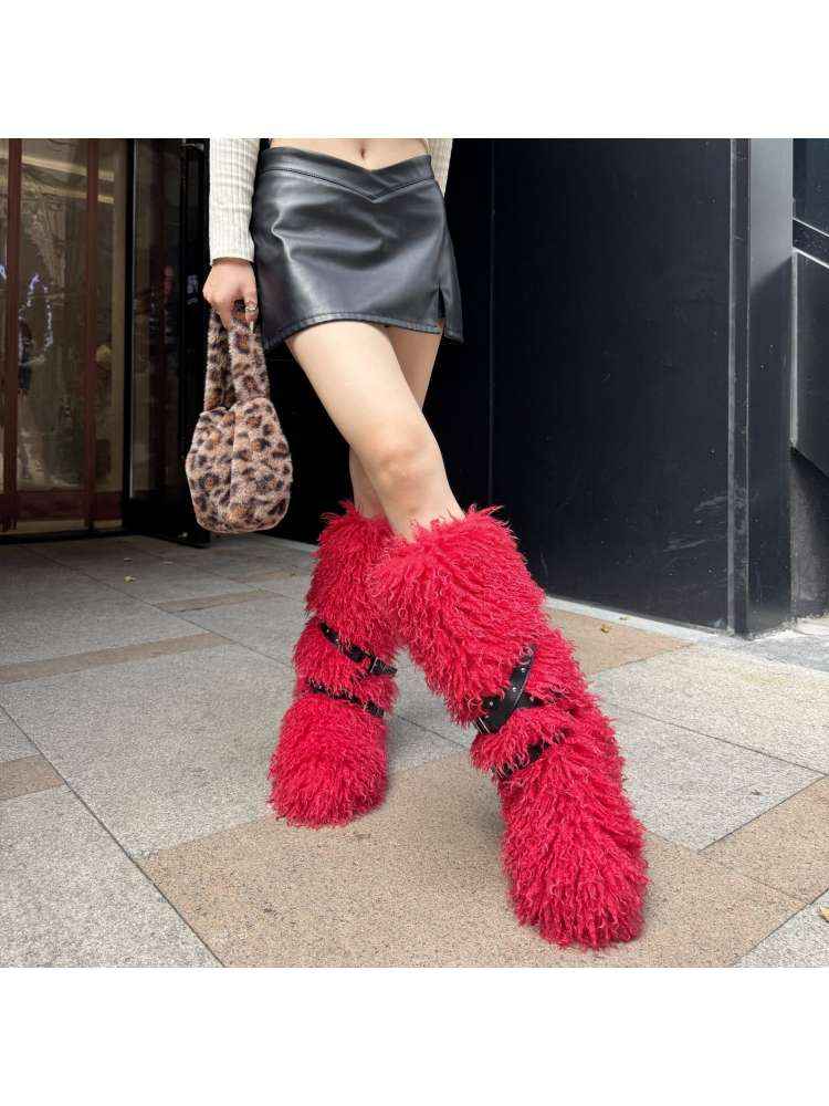 Fluffy Rivet Belt Buckle Fur Snow Boots