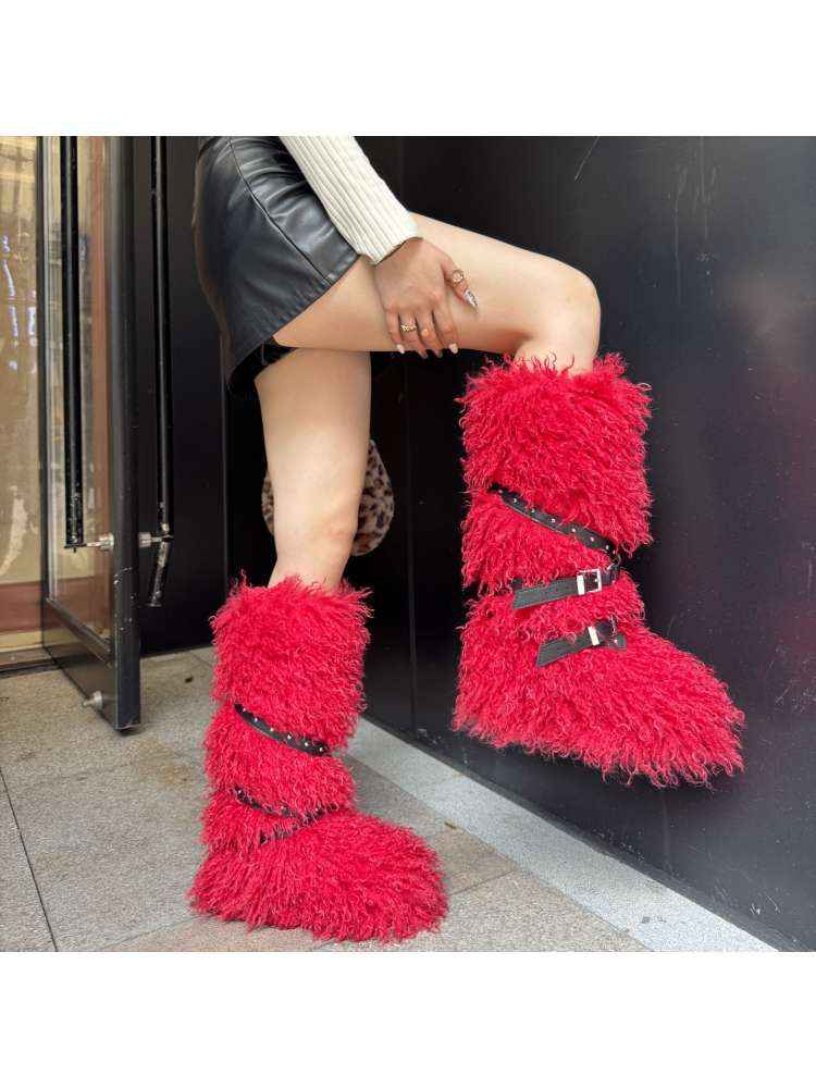 Fluffy Rivet Belt Buckle Fur Snow Boots