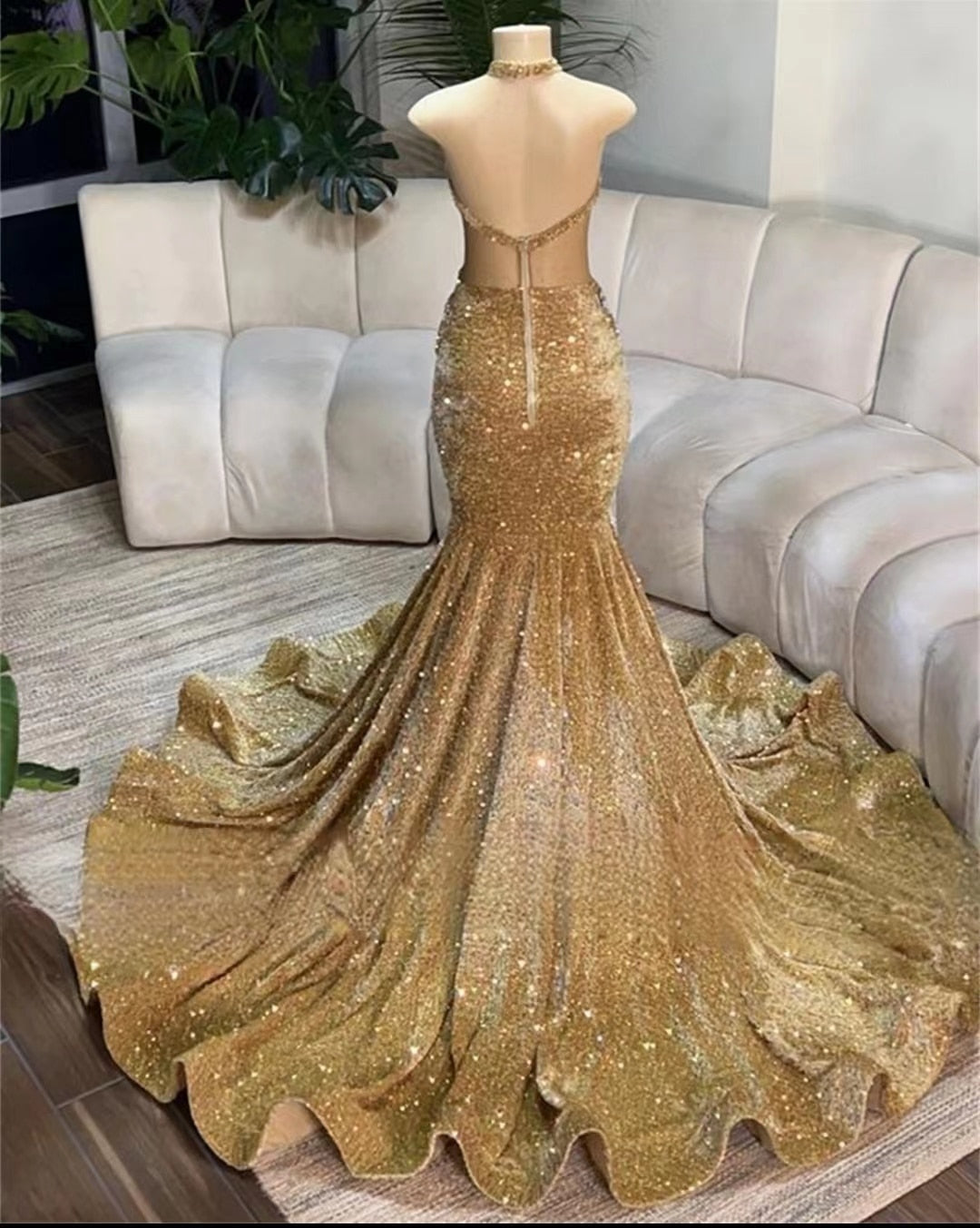 Gold Halter Diamond Sequin Mermaid Prom Dress