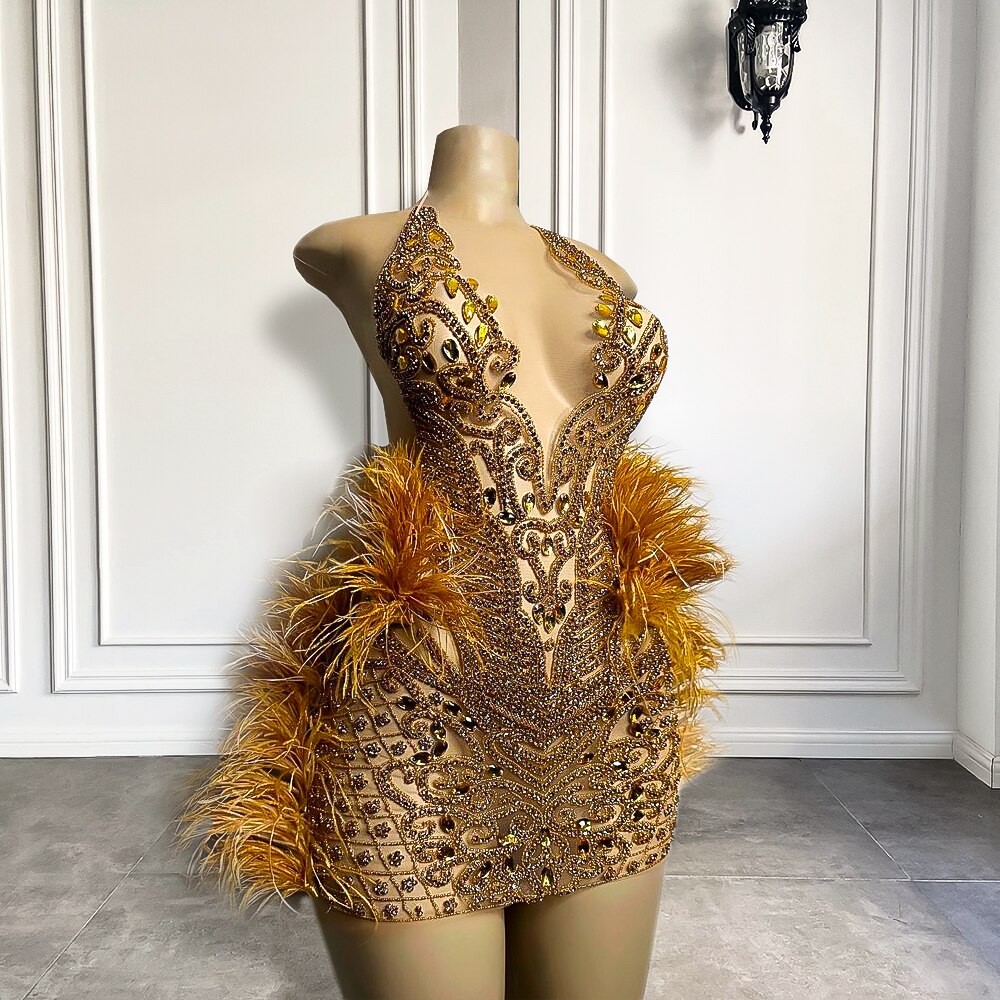 Gold Sparkly Diamond Birthday Dress with Feathers