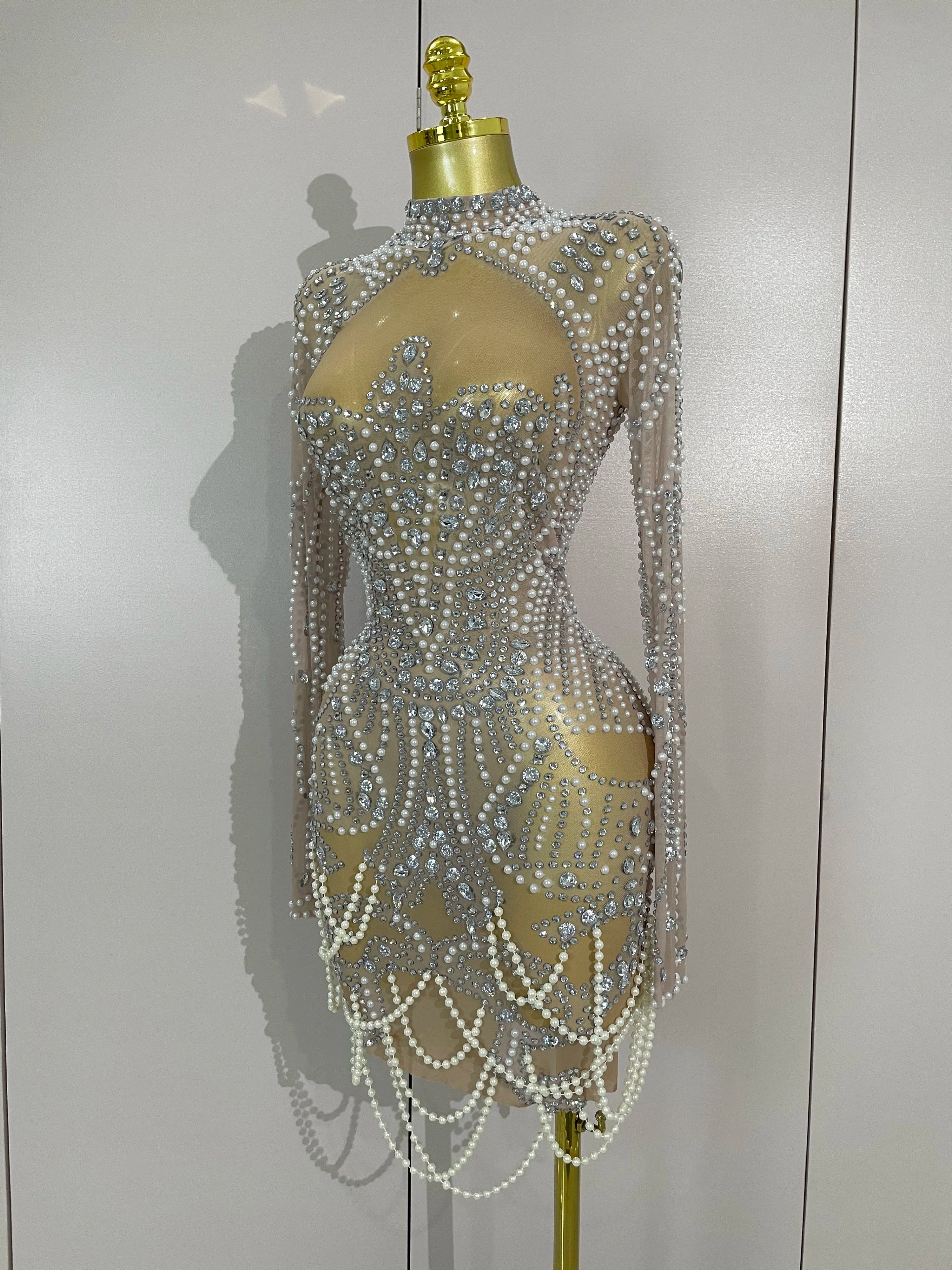 Brenda Short Mesh Dress With Pearls and Sparkling Diamonds - Ready to Ship