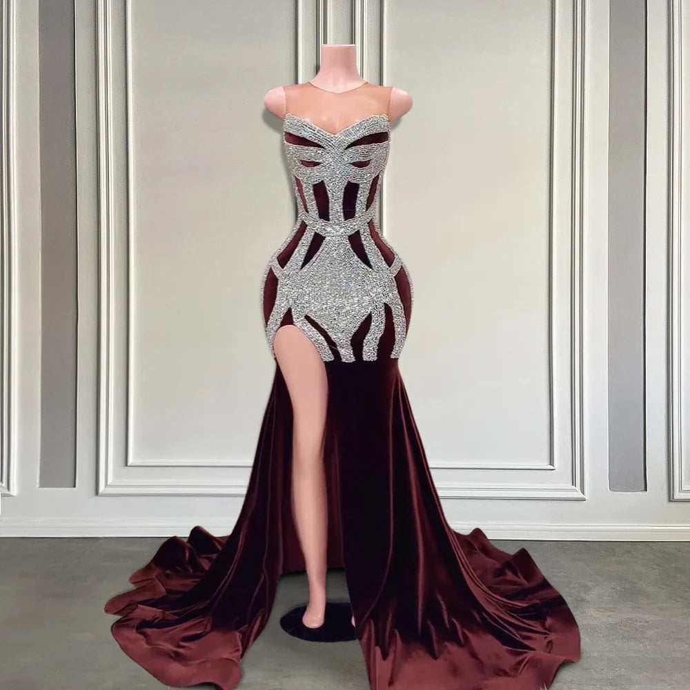 Elegant Brown Velvet Mermaid Prom Gown with Silver Beading & High Slit
