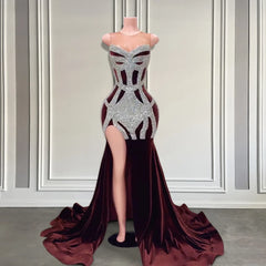 Elegant Brown Velvet Mermaid Prom Gown with Silver Beading & High Slit