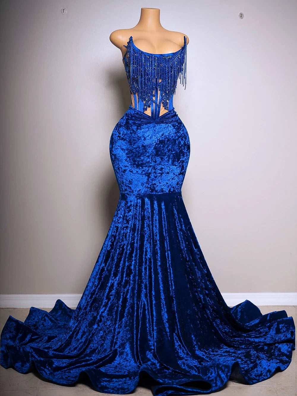 Blue Velvet Strapless Lace-Up Corset Mermaid Prom Dress