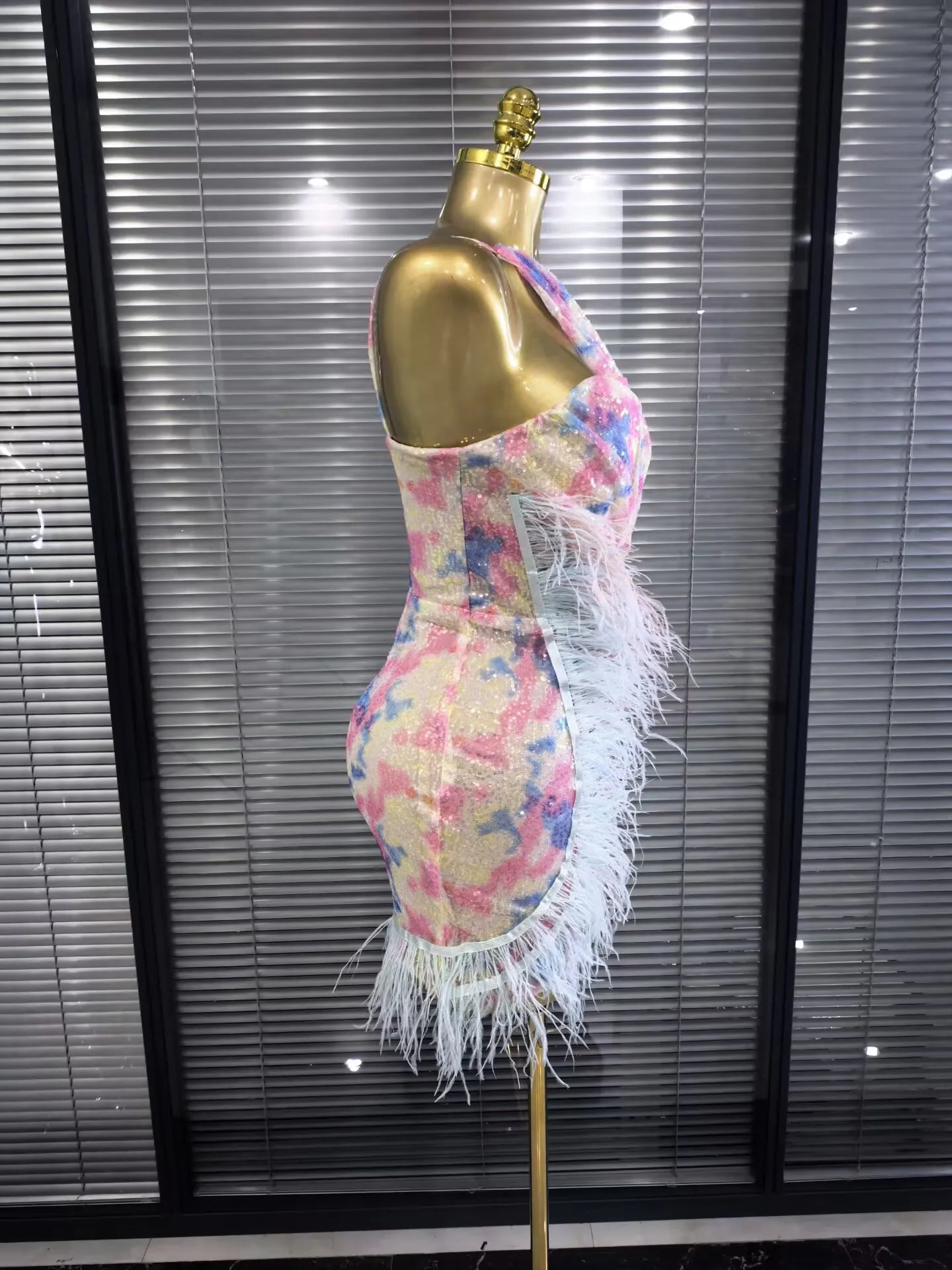 Arabella Sequin One-Shoulder Feather Bodycon Mini Dress