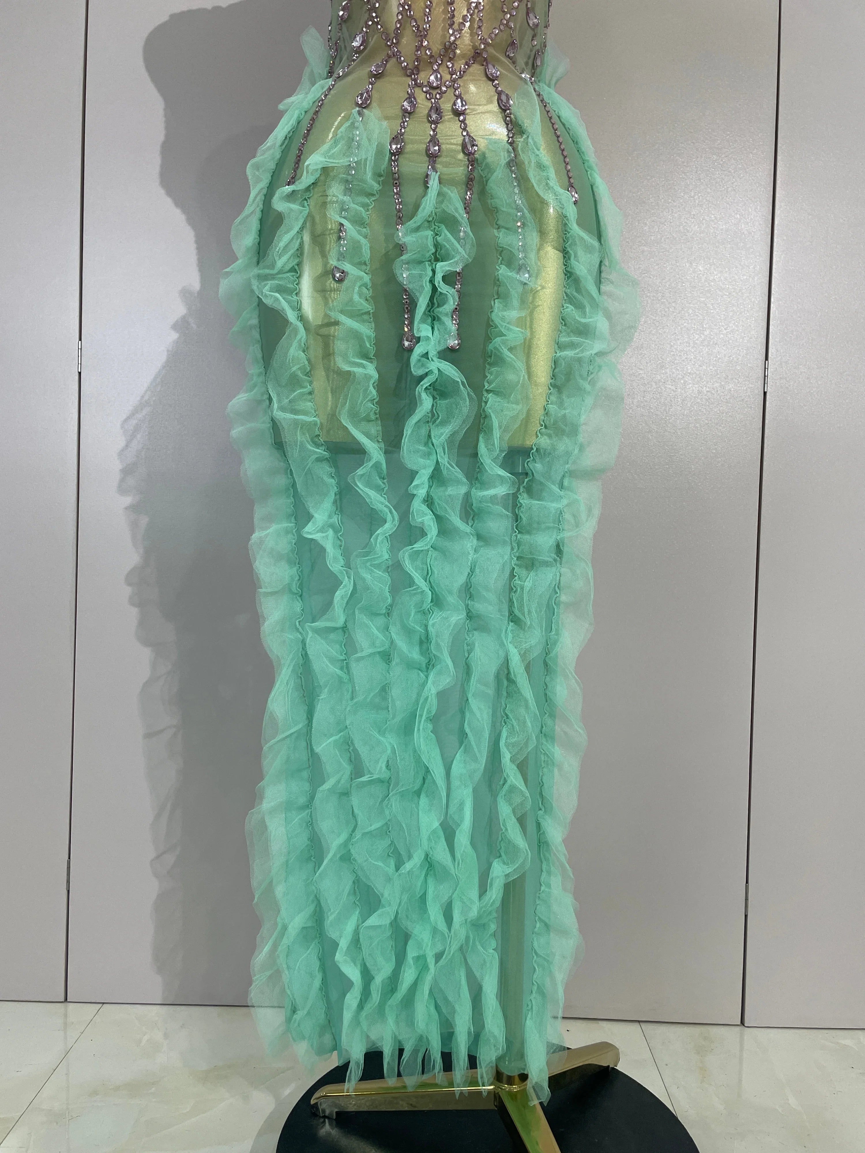 Faith Turtleneck Appliqué Mesh Ruffle Maxi Dress