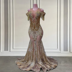 Gold Glitter Lace Diamond Crystal Rhinestone See-Through Mermaid Prom Dress