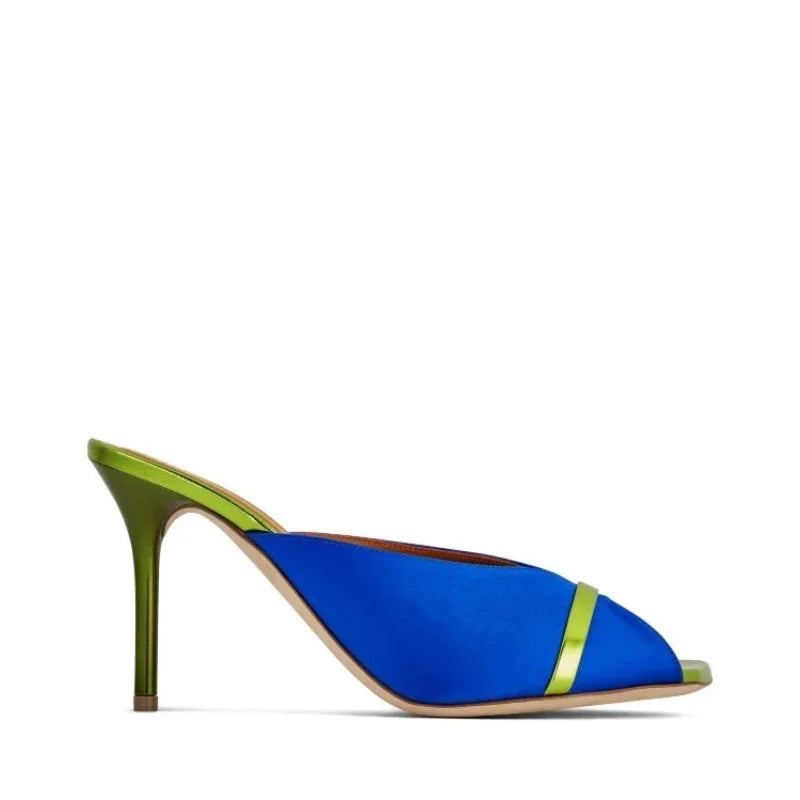 Elegant Two-Tone Satin Stiletto Mules Open Peep Toe Contrast Metallic Trim Slip-On Slide High Heels
