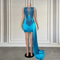 Elegant Blue Diamond Luxury Rhinestones with Side Train Birthday Dress