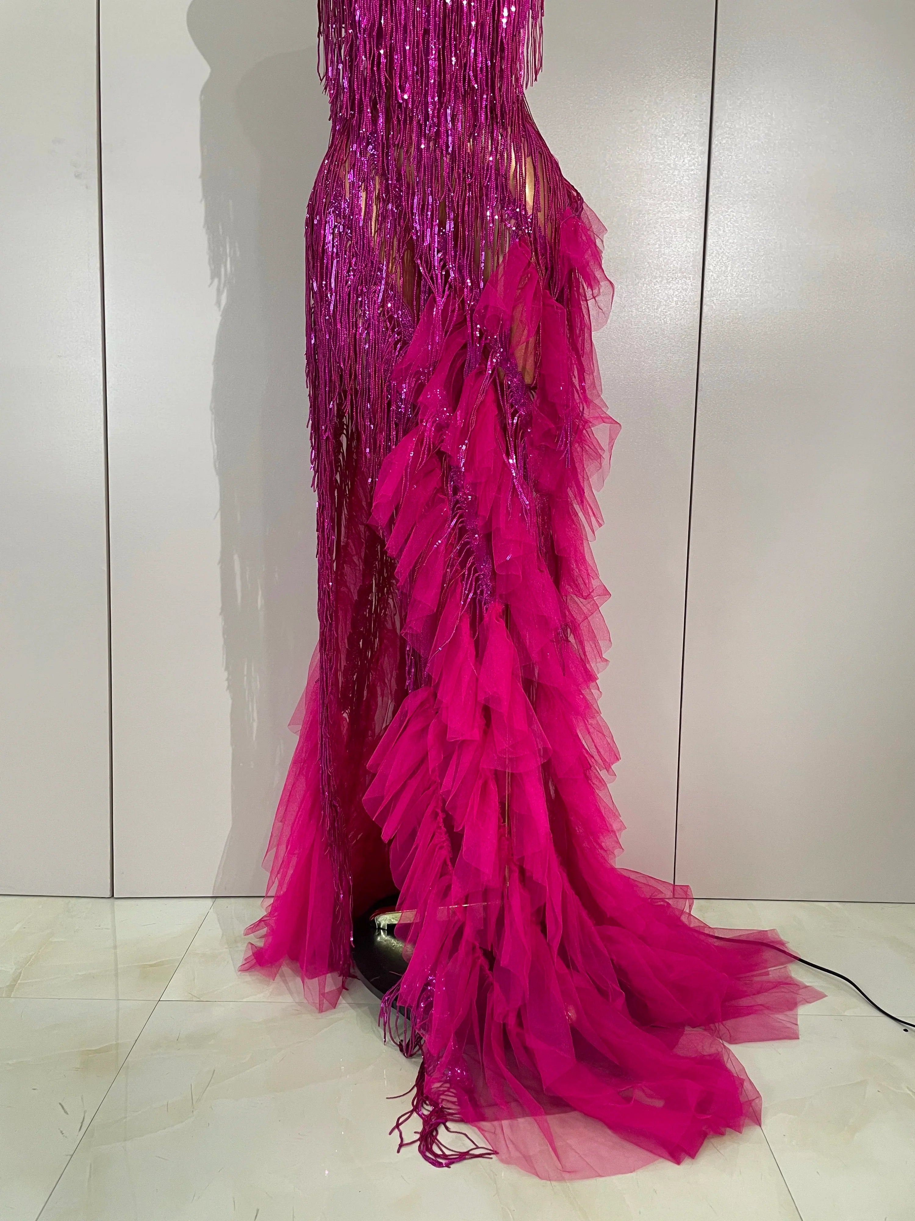Gabrielle Rhinestone Fringe Backless Sheer Maxi Dress