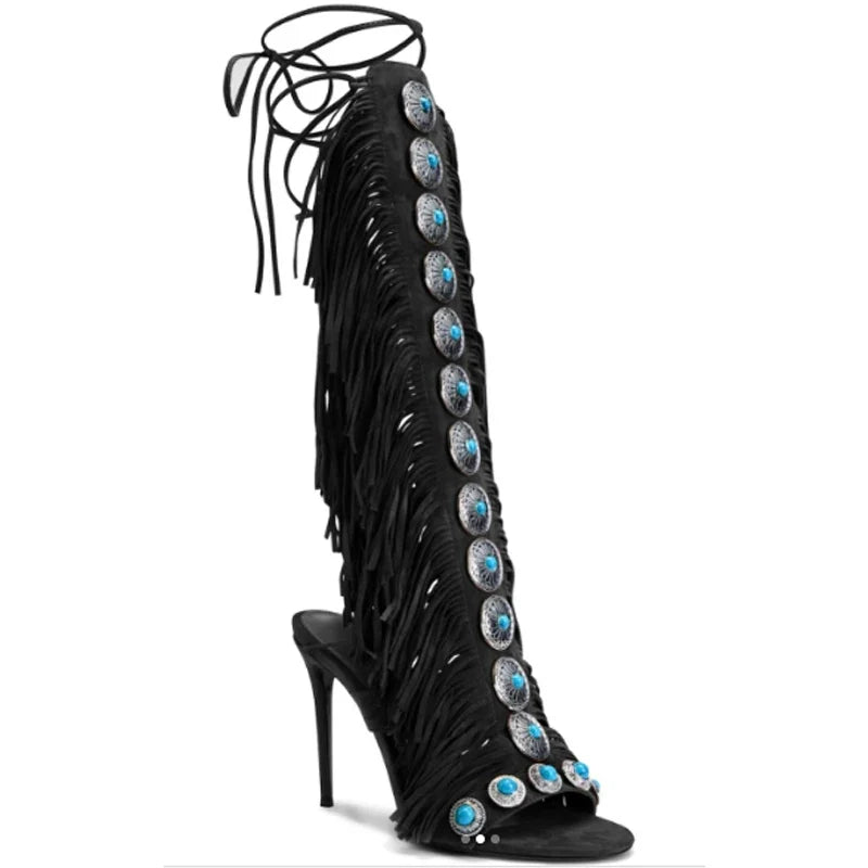 Fringe Cross Strap Stiletto Knee High Boots