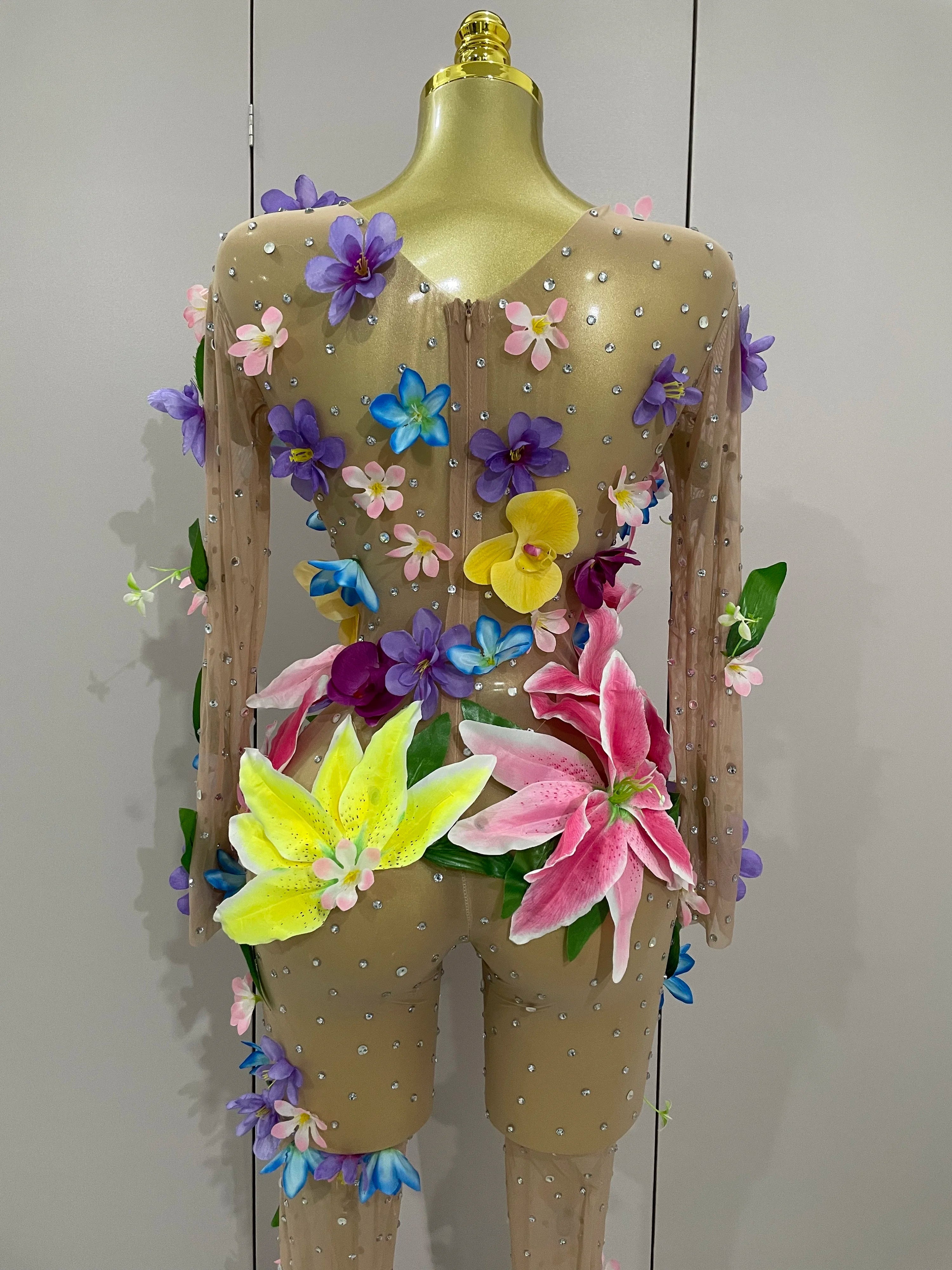 Danielle Sparkly Rhinestones 3D Flower Nude Mesh Jumpsuit