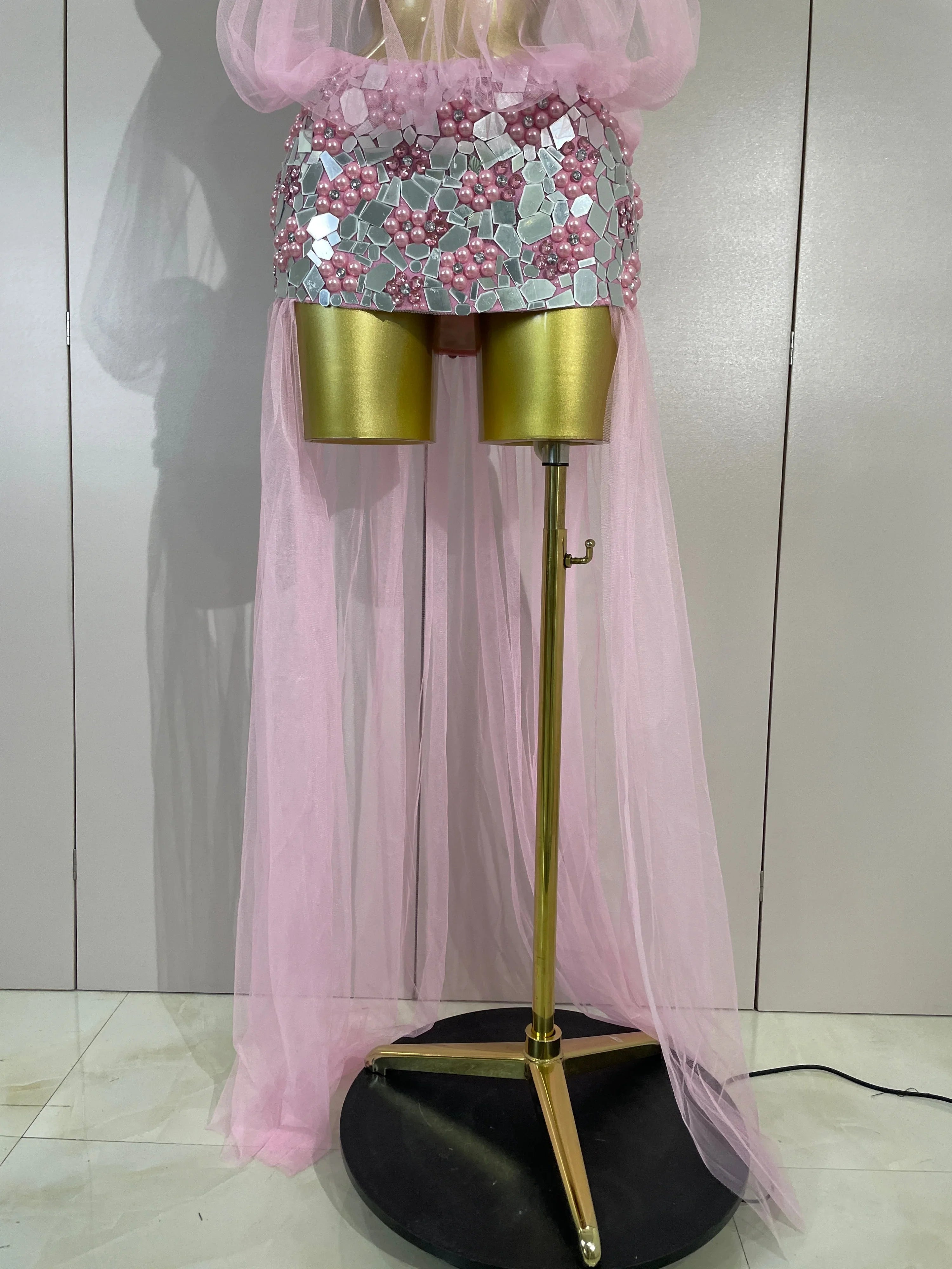Almira Sparkly Rhinestone Pearl Mirror Mesh Long Tail Dress for Women