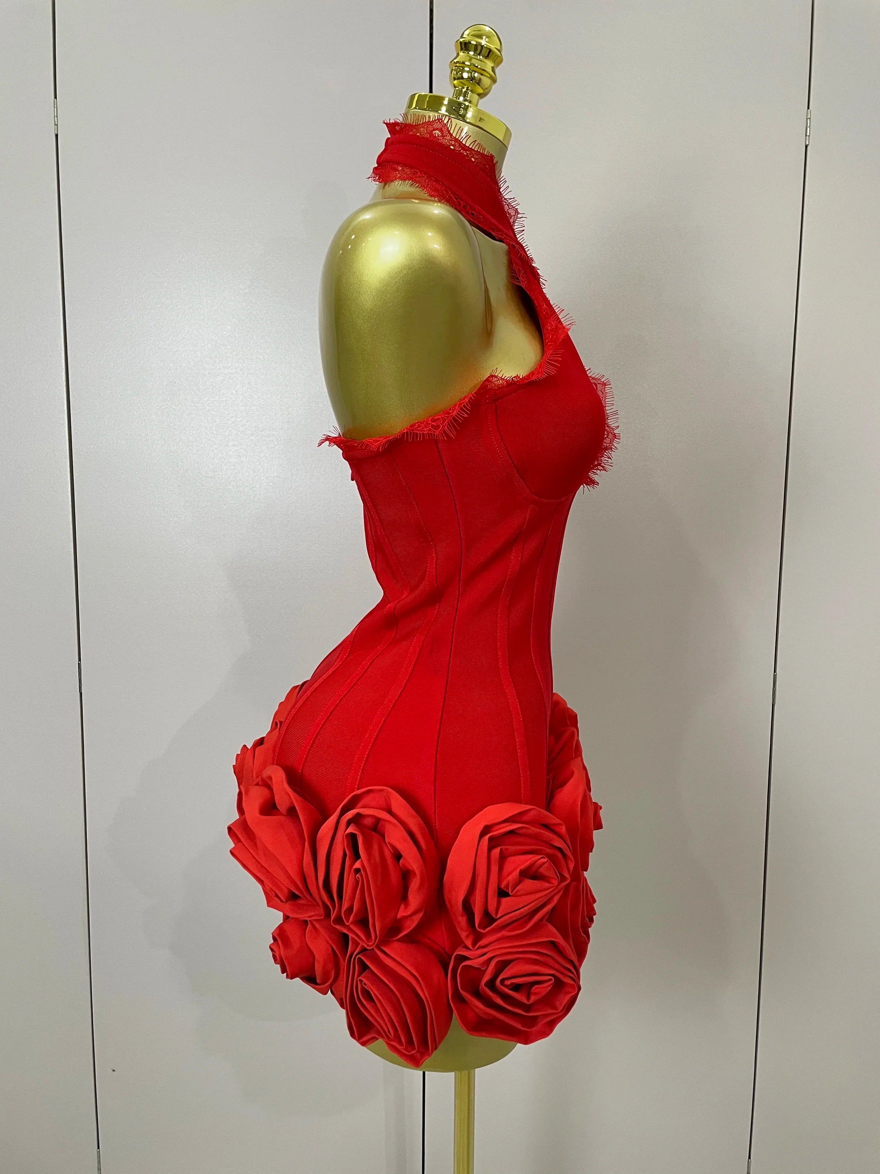 Cleo Sexy Halter Red Floral Lace Bodycon Mini Dress