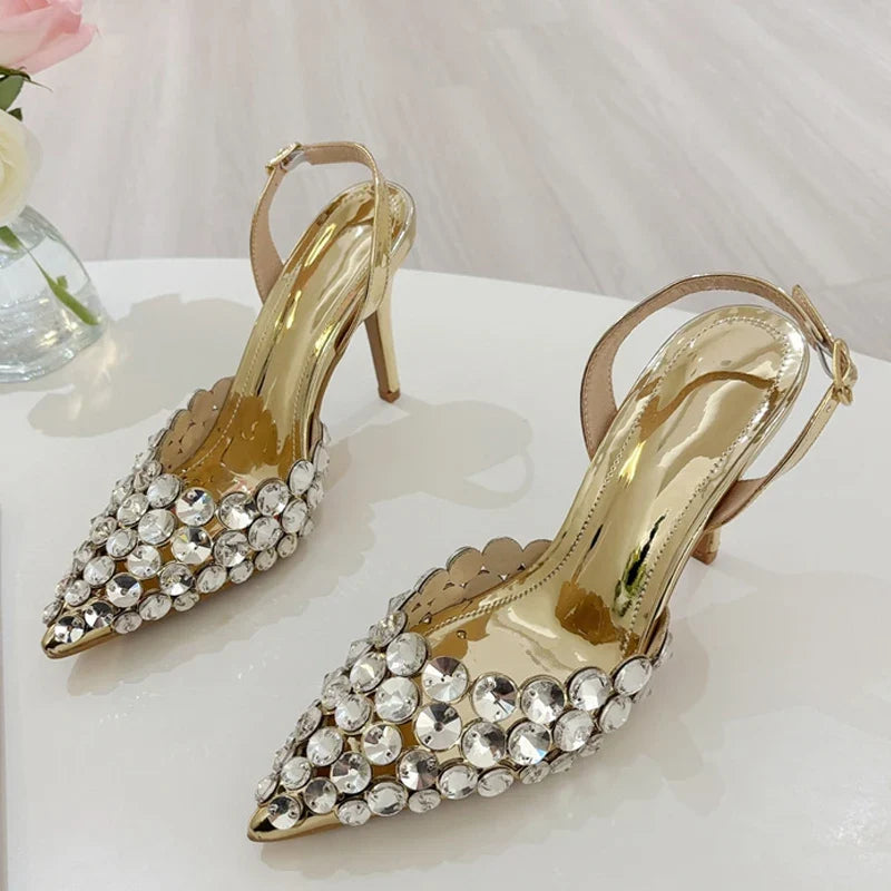 Elegant Pointed Toe Slingback Stiletto Sandals Crystal Diamonds Women Pumps High Heels