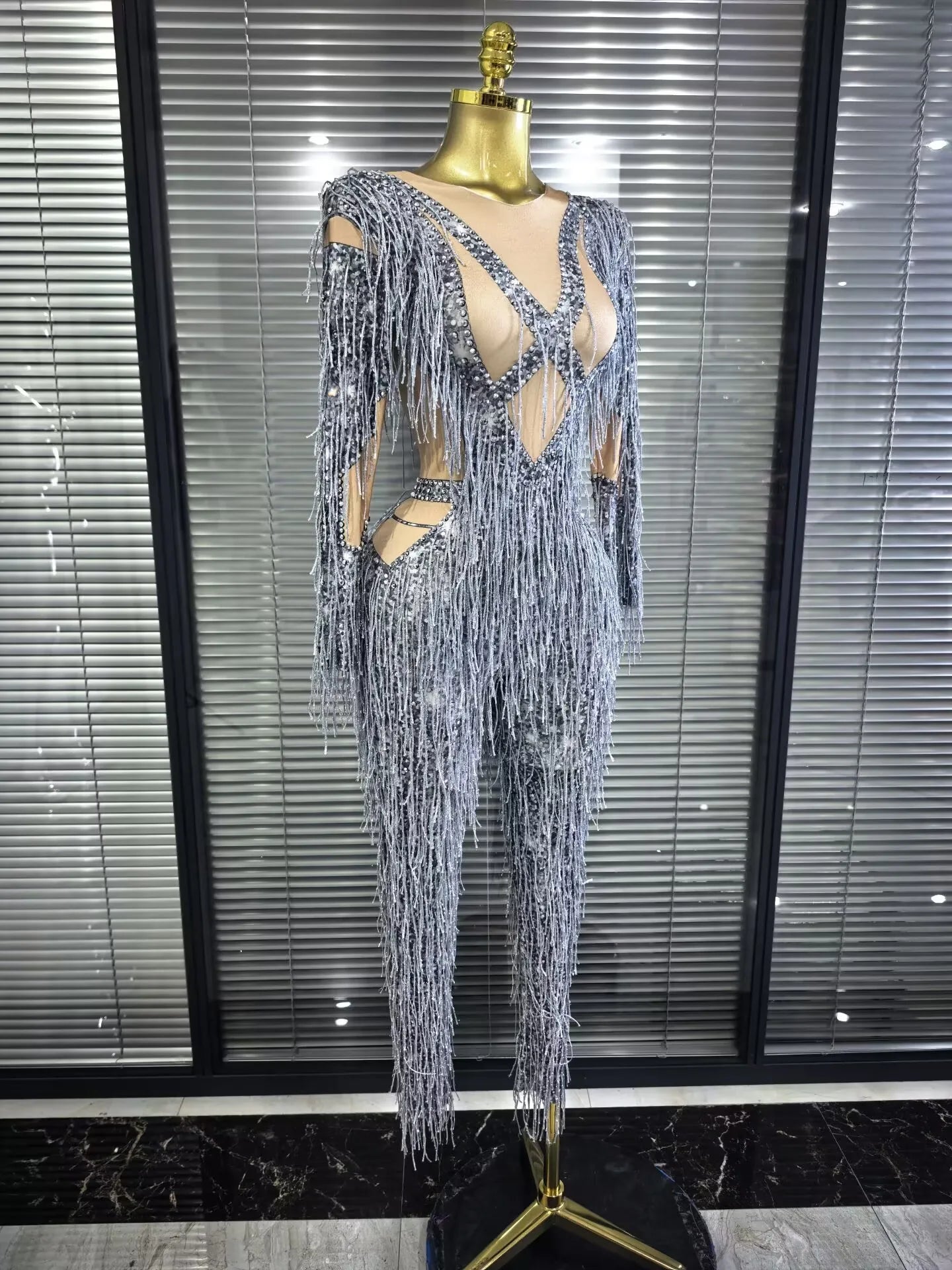 Aleah Long Sleeve High-Stretch Fringe Bodycon Jumpsuit
