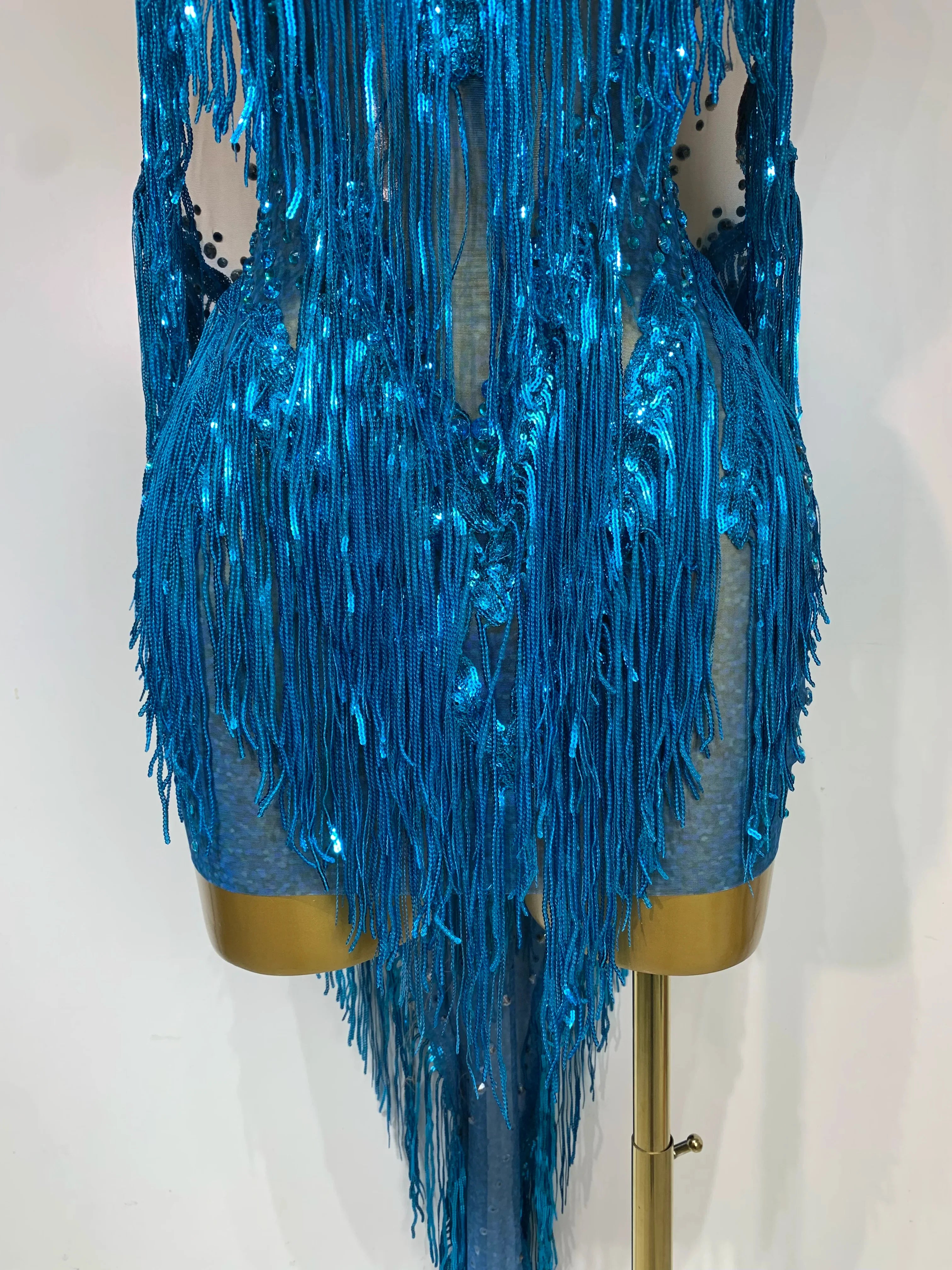 Christy Blue Rhinestone Tassel See Through Mesh Dress