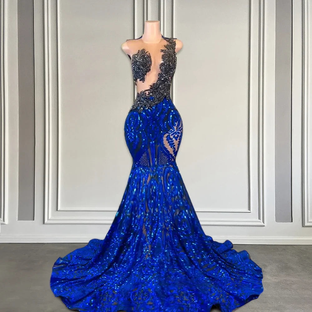 Elegant Royal Blue Lace Prom Dress with Black Beaded Crystals
