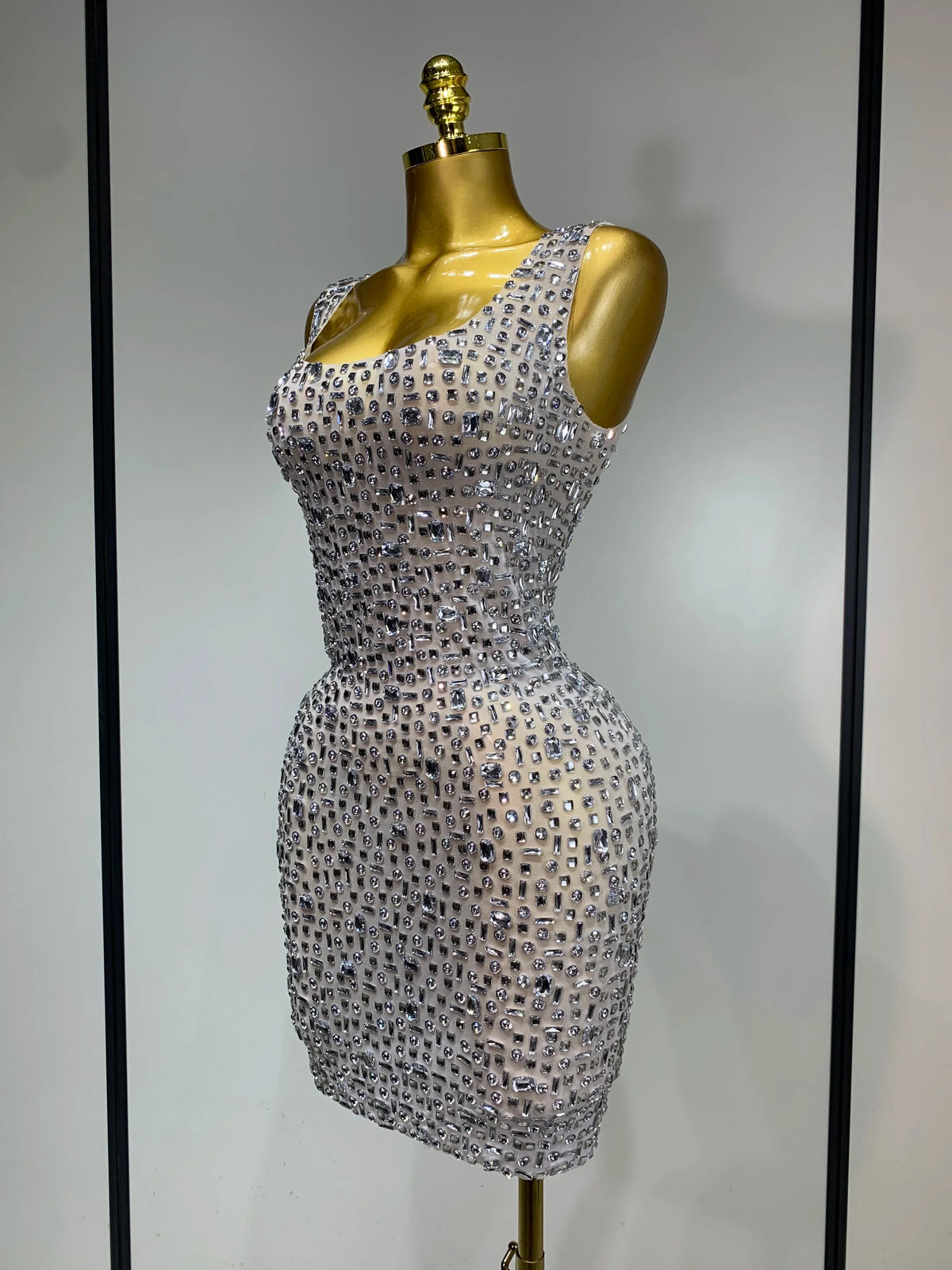 Carole Luxury Sparkly Rhinestone Sexy Mesh See-Through Short Dress